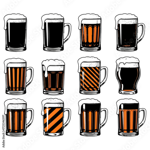 Collection of beer mugs with different fill levels.
