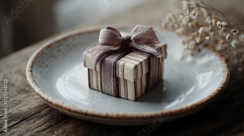 A small striped gift box with a ribbon and bow is placed on a rustic plate on a wooden table