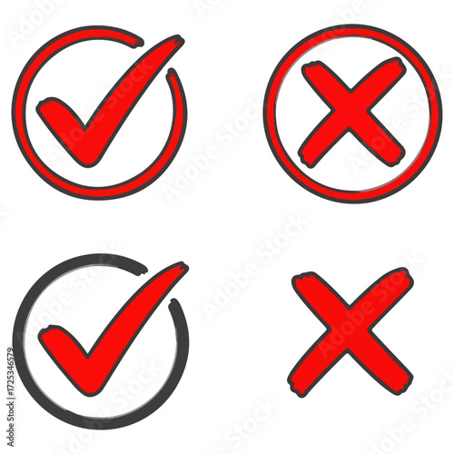 Hand drawn red check marks and crosses icons set.