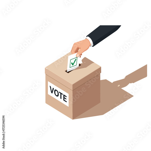 Hand in a suit casting a vote into a ballot box.