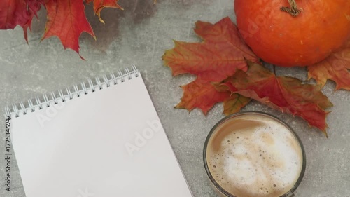 Autumn mood Harvest pumpkin autumn maple leaves red and yellow and coffee sleep Do you want to go to bed little. Thanksgiving and Autumn decoration concept made from autumn leaves and pumpkin
