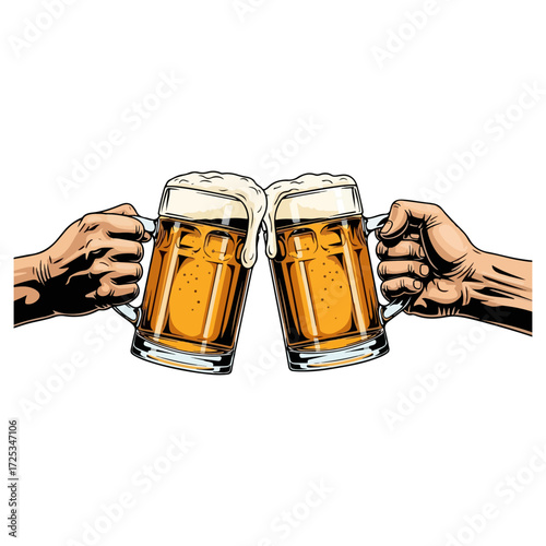 Two hands clinking beer mugs cheers toast.
