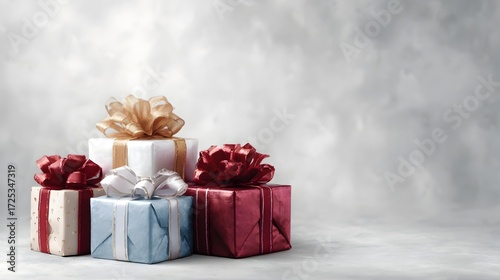 A festive assortment of gift wrapped boxes with colorful ribbons and bows against a soft textured background