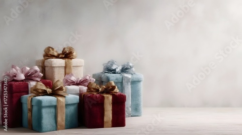 A festive collection of beautifully wrapped gift boxes adorned with ribbons and bows set against a neutral background with ample copy space