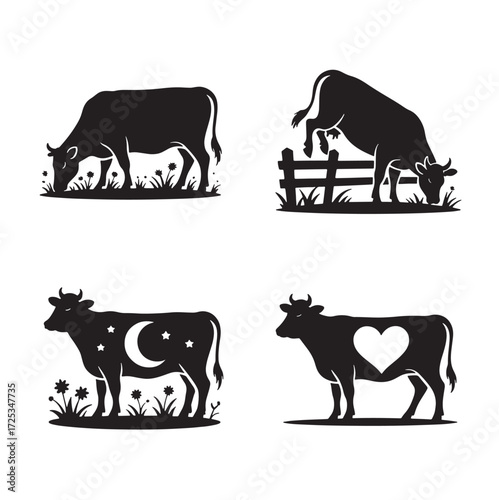 Four Cow Silhouettes Showing Different Activities and Designs Keywords: cow, cattle, farm animal, livestock, silhouette, black and white, grass