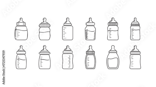 Collection of various baby feeding bottles in sketch style hand drawn elements for baby care vector