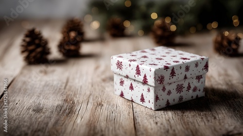 Festive Christmas gift box with holiday pattern resting on a rustic wooden surface illuminated by soft bokeh lights