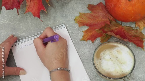 Autumn mood Harvest pumpkin autumn maple leaves red and yellow and coffee sleep Do you want to go to bed little. Thanksgiving and Autumn decoration concept made from autumn leaves and pumpkin