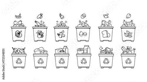 Hand drawn recycling bins with various waste materials and symbols clearly identified for sorting vector