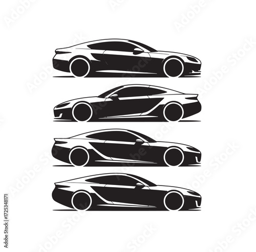 Four modern sports car silhouettes in black and white Keywords: car, automobile, sports car, modern, sleek, coupe, silhouette, black and white