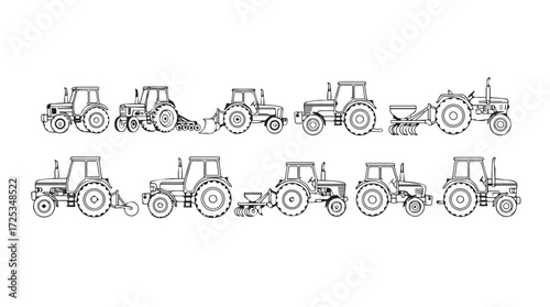 Collection of detailed line art tractors farm equipment agricultural machinery set vector