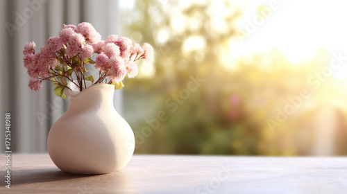 Beautiful vase holds delicate pink flowers, creating serene atmosphere perfect for evening relaxation and calming concept of nature