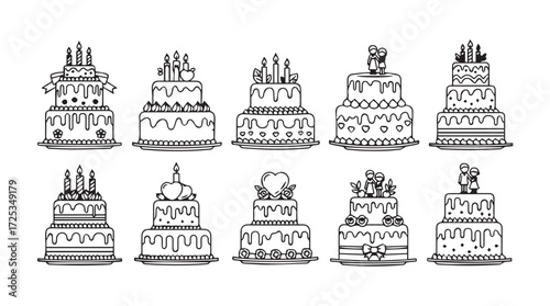 Collection of hand-drawn decorative wedding and celebration cakes with candles and frosting elements vector