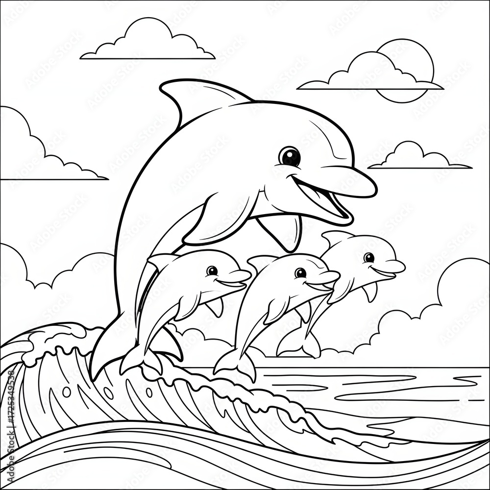 Obraz premium Dolphin family coloring page. Cartoon sea animal illustration. Happy dolphins jumping out of the ocean waves with clouds and a sun in the sky. Printable activity sheet for kids.