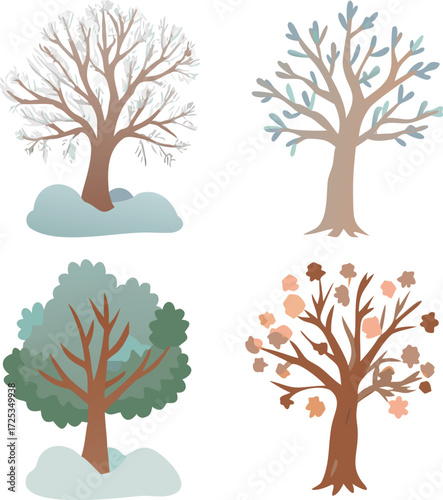 Collection Of Four Stylized Trees Representing Different Seasons With Snow And Foliage winter spring