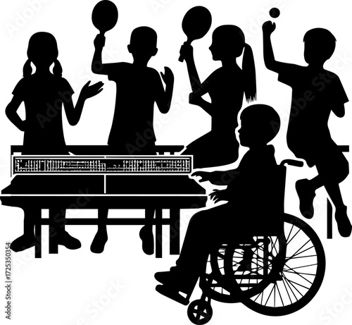 Group of children playing table tennis together with wheelchair player  