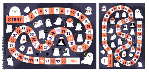Halloween Kids Board Game Template. Cute Ghosts Step Game in Flat Cartoon Style, Fun Educational Activity Illustration for Children, Kindergarten and School Print