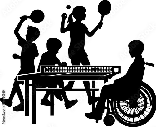 Children playing table tennis in silhouettes with wheelchair user  