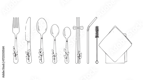 Eco-friendly reusable utensils cutlery straws and cloth napkin set hand-drawn style vector