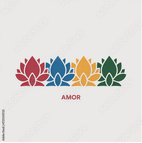 Four Colorful Lotus Flowers and the Word AMOR on White Background Keywords: lotus, flower, flowers, amor, love, spirituality, meditation, yoga