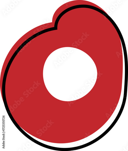 Bold red cartoon lowercase letter o with a thick black outline and a threedimensional shadow.