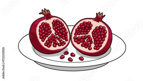 Two Halves of a Pomegranate on a Plate, Illustrated Food Art