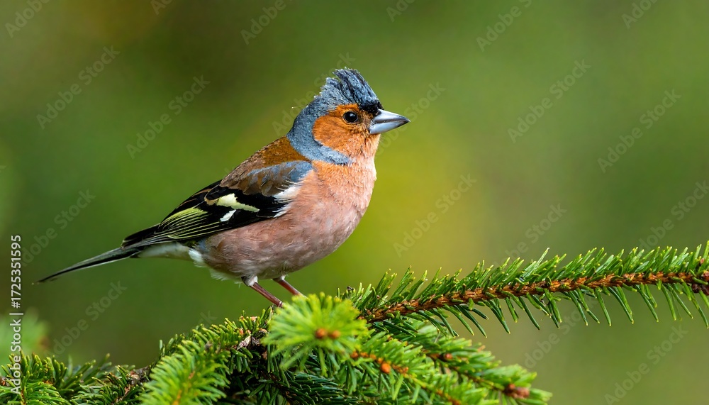 Fototapeta premium A small songbird perches on an evergreen branch against a blurred green background
