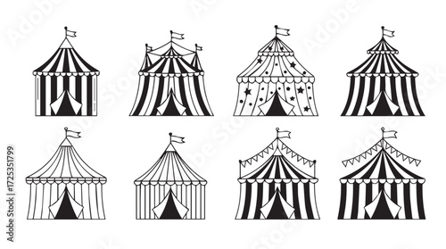 Collection of eight diverse retro striped circus tents showing vintage entertainment structures vector