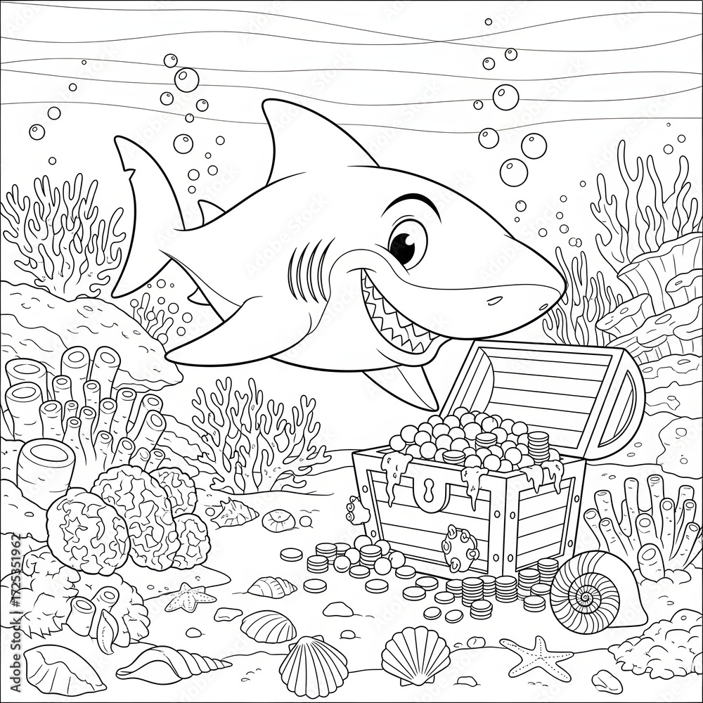 Naklejka premium Cute shark and treasure chest coloring page. Adorable cartoon sea animal illustration. Happy shark swimming near an open treasure chest with gold and coins. Fun coloring sheet for children.