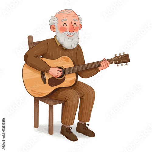 Vector art of bearded elderly man with a guitar sitting on a chair
