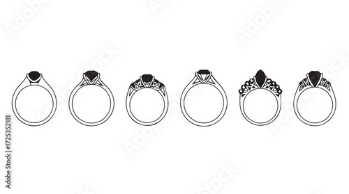 Collection of elegant gemstone rings showcasing exquisite diamond and ruby settings vector