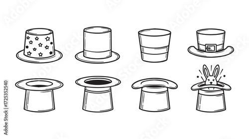 Magician's top hats collection various styles outline elements for entertainment and magic performance vector
