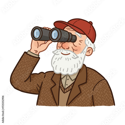 Vector art of elderly man with white beard looking through binoculars