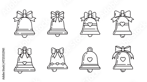 Collection of hand drawn christmas bells with festive bows and hearts for holiday decoration vector