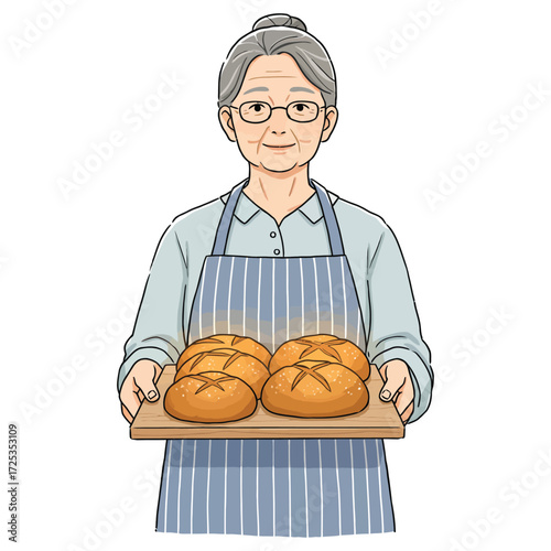 Vector art of senior woman with glasses holding two loaves of bread