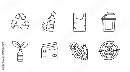 Hand drawn icons representing recycling and waste management symbols for environmental protection vector