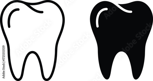 Two stylized icons of a human tooth, one outlined in black and white, the other solid black, representing dental health or concepts.