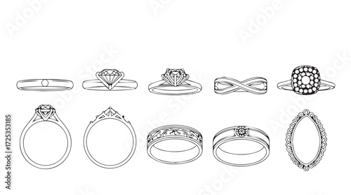 Collection of elegant diamond engagement rings and wedding bands in detailed line art style vector