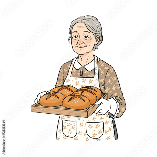 Vector art of smiling grandmother with white gloves holding a tray of bread
