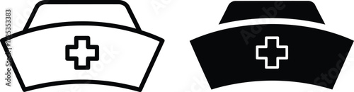 Two nurse caps, one outlined in black and white, the other filled in black with a white outline and cross.