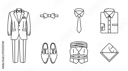 Formal men's attire set classic suit tuxedo accessories elegant gentleman style wardrobe essentials vector