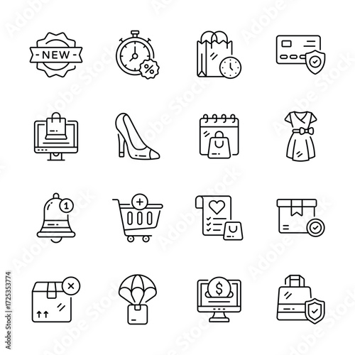 Get this amazing ecommerce and shopping icons in flat outline style