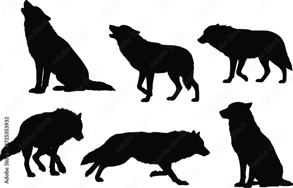 Naklejka premium Wolf silhouette illustration set, howling wolf vector art, wild canine predator clipart, forest wildlife design, wilderness animal artwork, nature graphic