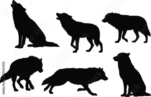 Wolf silhouette illustration set, howling wolf vector art, wild canine predator clipart, forest wildlife design, wilderness animal artwork, nature graphic