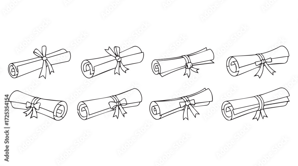 Fototapeta premium Collection of eight hand-drawn diploma scrolls tied with ribbons for graduation and achievement vector