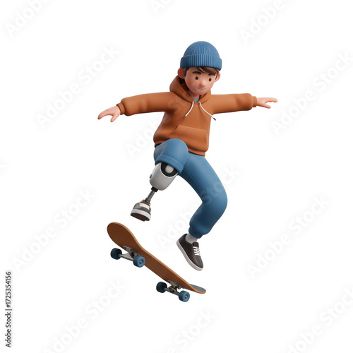 Disabled Young Person Performs Stunts on the Skateboard Over Transparent Background