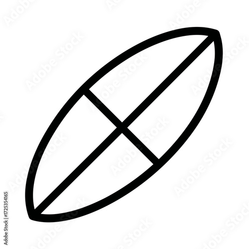 Surfboard icon in outline style, black on white, water sports symbol