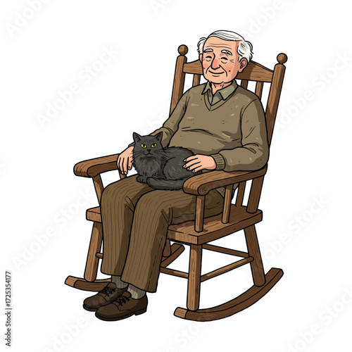 Vector art of elderly man sitting in a rocking chair holding a cat