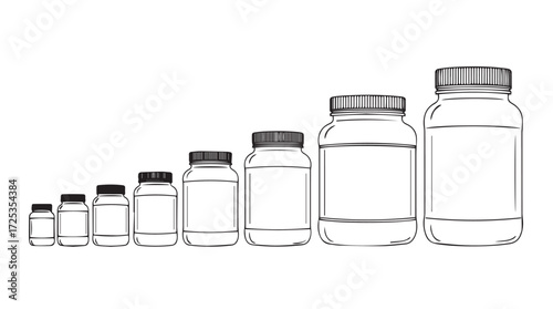 Transparent medical vials and jars lined up from smallest to largest vector