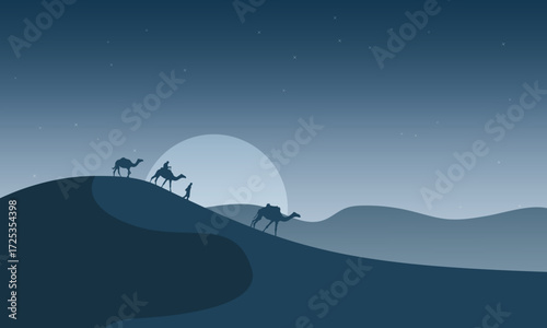Flat silhouette desert with camels landscape for islamic event background, ramadan kareem